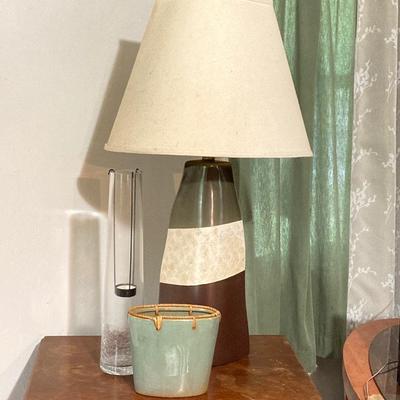 LOT 135: Wood Sewing Table, Table Lamp, Ceramic Vase and Glass Tea Light Holder