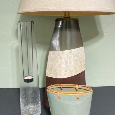 LOT 135: Wood Sewing Table, Table Lamp, Ceramic Vase and Glass Tea Light Holder