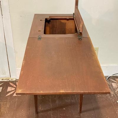 LOT 135: Wood Sewing Table, Table Lamp, Ceramic Vase and Glass Tea Light Holder