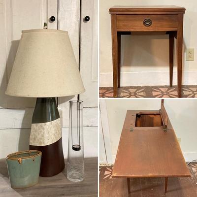 LOT 135: Wood Sewing Table, Table Lamp, Ceramic Vase and Glass Tea Light Holder