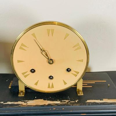 LOT 163: Vintage Mechanical Mantle Clock with Etched Glass Cover and Wood Base Made in Germany with Key