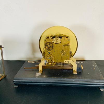 LOT 163: Vintage Mechanical Mantle Clock with Etched Glass Cover and Wood Base Made in Germany with Key