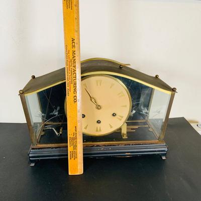LOT 163: Vintage Mechanical Mantle Clock with Etched Glass Cover and Wood Base Made in Germany with Key