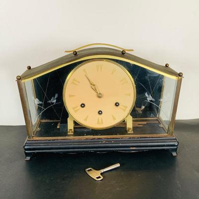 LOT 163: Vintage Mechanical Mantle Clock with Etched Glass Cover and Wood Base Made in Germany with Key