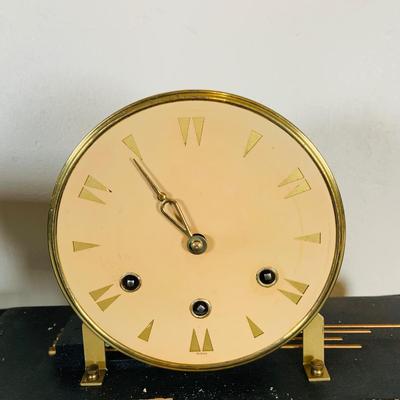 LOT 163: Vintage Mechanical Mantle Clock with Etched Glass Cover and Wood Base Made in Germany with Key