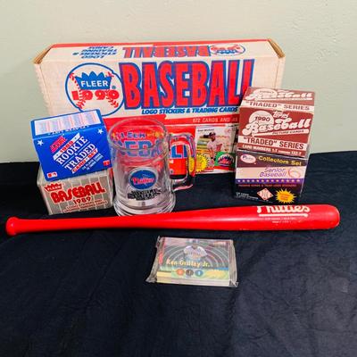 LOT 194: Baseball Collection - Opened and Unopened Boxes of Baseball Cards, Phillies Mini Bat and 2008 World Series Glass