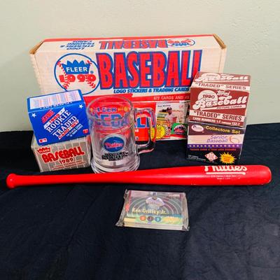LOT 194: Baseball Collection - Opened and Unopened Boxes of Baseball Cards, Phillies Mini Bat and 2008 World Series Glass
