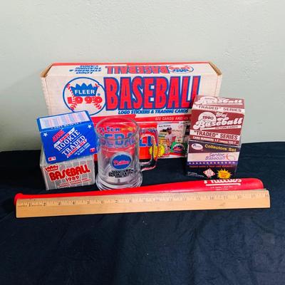 LOT 194: Baseball Collection - Opened and Unopened Boxes of Baseball Cards, Phillies Mini Bat and 2008 World Series Glass