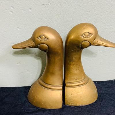 LOT 195: Brass Duck Head Book Ends, Brass Cricket and Mini Picture Frame