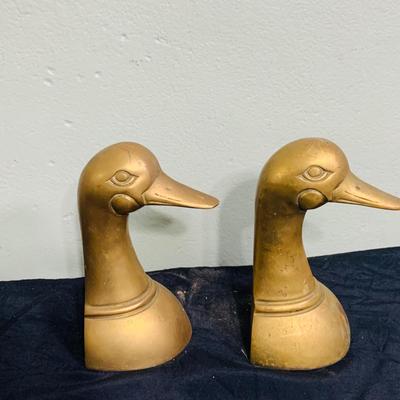 LOT 195: Brass Duck Head Book Ends, Brass Cricket and Mini Picture Frame