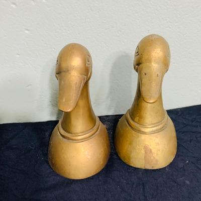 LOT 195: Brass Duck Head Book Ends, Brass Cricket and Mini Picture Frame