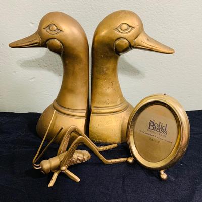 LOT 195: Brass Duck Head Book Ends, Brass Cricket and Mini Picture Frame
