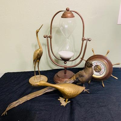 LOT 198: Collection of Brass and Metal Birds, and Hour Glass and Barometer