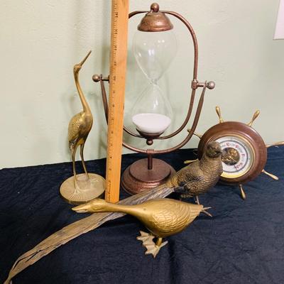 LOT 198: Collection of Brass and Metal Birds, and Hour Glass and Barometer
