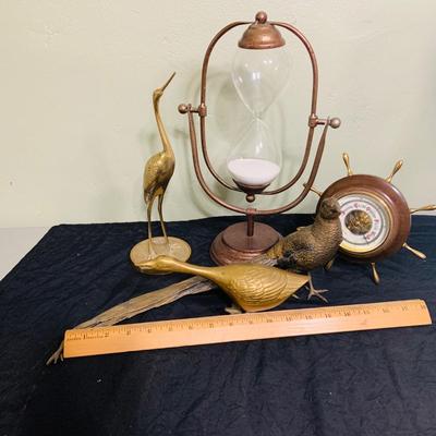 LOT 198: Collection of Brass and Metal Birds, and Hour Glass and Barometer