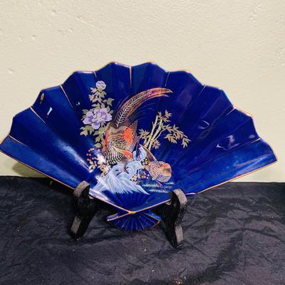 LOT 199: Asian Inspired Decor Featuring Porcelain Fan and Vases, Small Metal Pitcher and Etched Glass Dragon