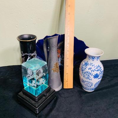 LOT 199: Asian Inspired Decor Featuring Porcelain Fan and Vases, Small Metal Pitcher and Etched Glass Dragon