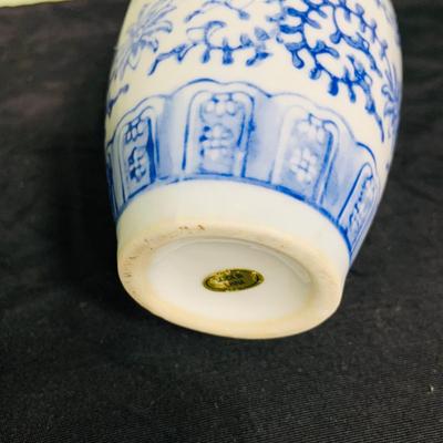LOT 199: Asian Inspired Decor Featuring Porcelain Fan and Vases, Small Metal Pitcher and Etched Glass Dragon