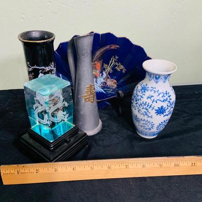 LOT 199: Asian Inspired Decor Featuring Porcelain Fan and Vases, Small Metal Pitcher and Etched Glass Dragon