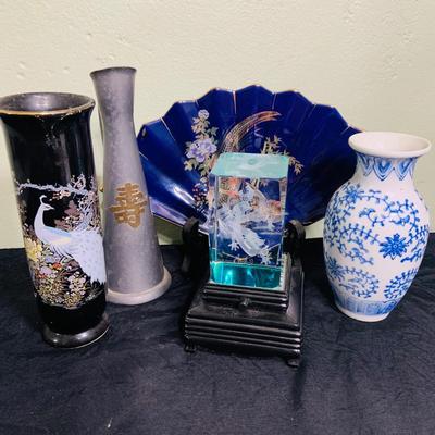 LOT 199: Asian Inspired Decor Featuring Porcelain Fan and Vases, Small Metal Pitcher and Etched Glass Dragon