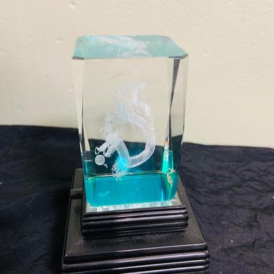 LOT 199: Asian Inspired Decor Featuring Porcelain Fan and Vases, Small Metal Pitcher and Etched Glass Dragon