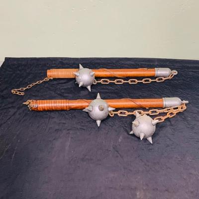 LOT 203: Set of Two(2) Replica Spiked Ball Maces One with One Ball the Other with Two