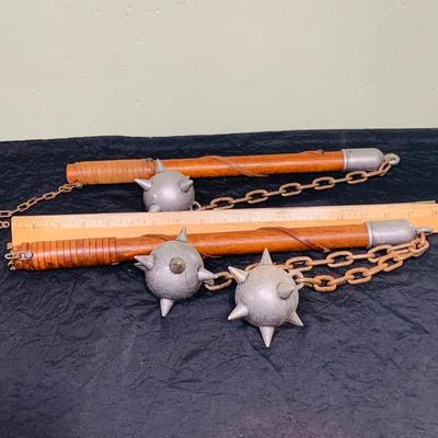 LOT 203: Set of Two(2) Replica Spiked Ball Maces One with One Ball the Other with Two