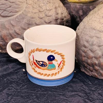 LOT 204: Set of Three (3) Vintage General Fibre Co Ariduk Duck Decoys and a Duck Mug
