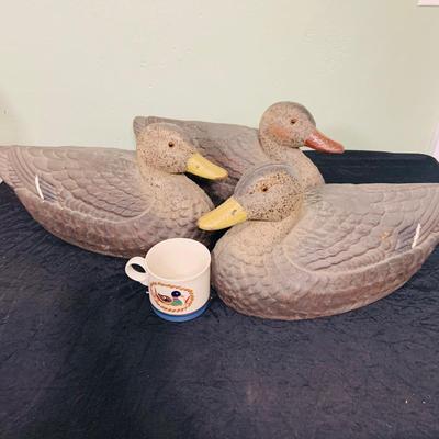LOT 204: Set of Three (3) Vintage General Fibre Co Ariduk Duck Decoys and a Duck Mug