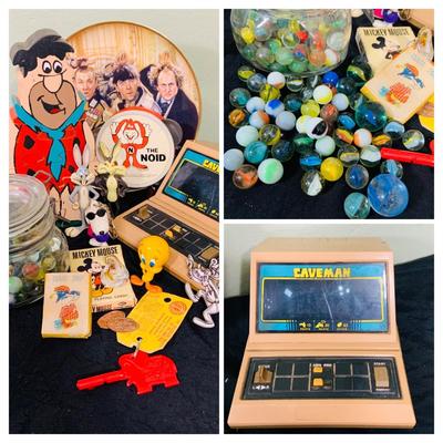LO 207: Collection of Vintage Toys, Game and Marbles Featuring Tandy Caveman Electronic Table Top Game, Fred Flintstone Wooden Puzzle,...