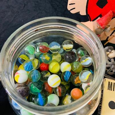 LO 207: Collection of Vintage Toys, Game and Marbles Featuring Tandy Caveman Electronic Table Top Game, Fred Flintstone Wooden Puzzle,...