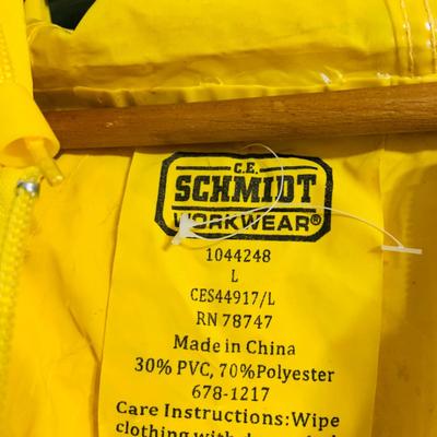 LOT 208: Carhartt Lined High Visibility Waterproof Jacket, Long Hooded Rain Coat, and Unopened 3-Piece Rainsuit