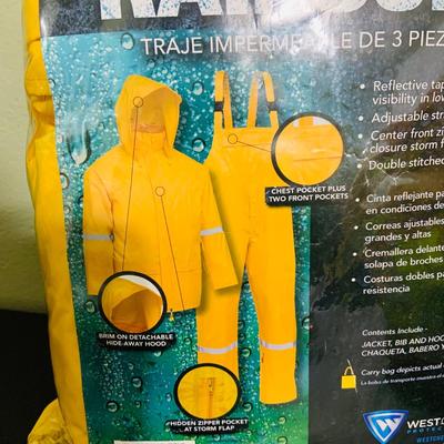 LOT 208: Carhartt Lined High Visibility Waterproof Jacket, Long Hooded Rain Coat, and Unopened 3-Piece Rainsuit