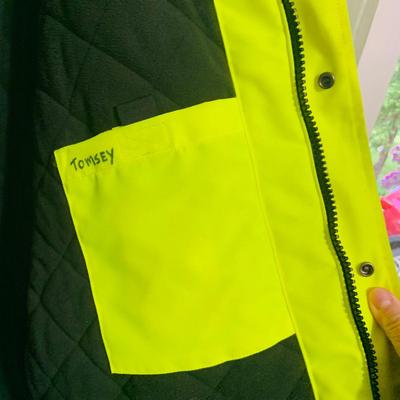 LOT 208: Carhartt Lined High Visibility Waterproof Jacket, Long Hooded Rain Coat, and Unopened 3-Piece Rainsuit