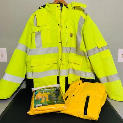 LOT 208: Carhartt Lined High Visibility Waterproof Jacket, Long Hooded Rain Coat, and Unopened 3-Piece Rainsuit