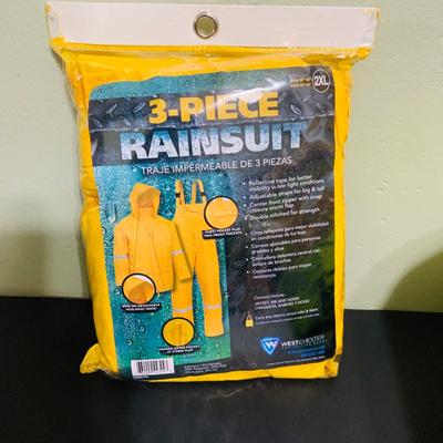 LOT 208: Carhartt Lined High Visibility Waterproof Jacket, Long Hooded Rain Coat, and Unopened 3-Piece Rainsuit