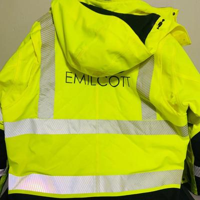 LOT 208: Carhartt Lined High Visibility Waterproof Jacket, Long Hooded Rain Coat, and Unopened 3-Piece Rainsuit