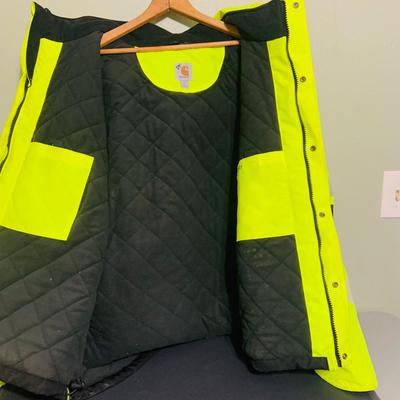 LOT 208: Carhartt Lined High Visibility Waterproof Jacket, Long Hooded Rain Coat, and Unopened 3-Piece Rainsuit
