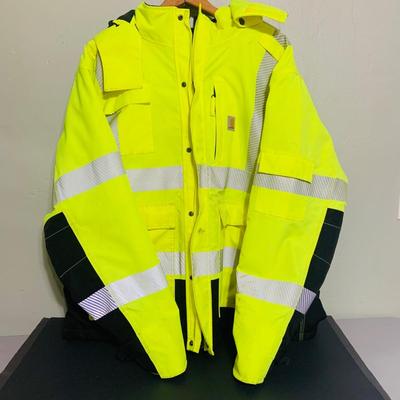 LOT 208: Carhartt Lined High Visibility Waterproof Jacket, Long Hooded Rain Coat, and Unopened 3-Piece Rainsuit