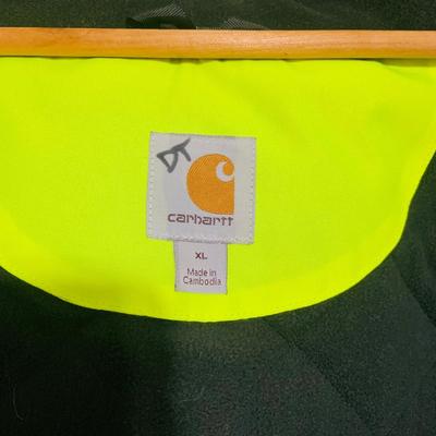 LOT 208: Carhartt Lined High Visibility Waterproof Jacket, Long Hooded Rain Coat, and Unopened 3-Piece Rainsuit