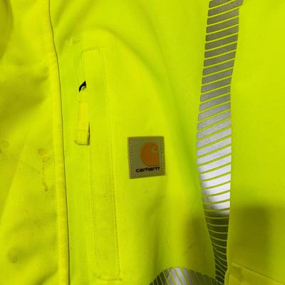 LOT 208: Carhartt Lined High Visibility Waterproof Jacket, Long Hooded Rain Coat, and Unopened 3-Piece Rainsuit