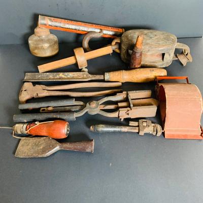 LOT 212: Collection of Vintage/Antique Tools Including a Sprayer, Pulley, Cigarette Roller, Glass Tool and Much More