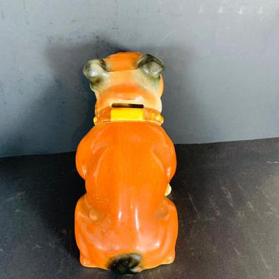 LOT 213: Vintage Bull Dog 2 Piece Porcelain Bank with Lock and Key Made in Japan, Homco and Avon Dogs and a Oil Lamp