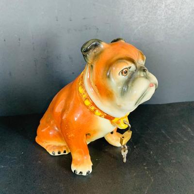LOT 213: Vintage Bull Dog 2 Piece Porcelain Bank with Lock and Key Made in Japan, Homco and Avon Dogs and a Oil Lamp
