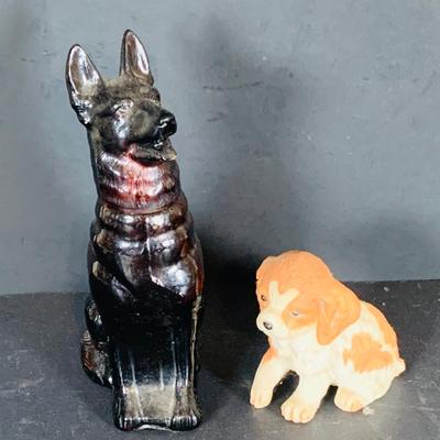 LOT 213: Vintage Bull Dog 2 Piece Porcelain Bank with Lock and Key Made in Japan, Homco and Avon Dogs and a Oil Lamp