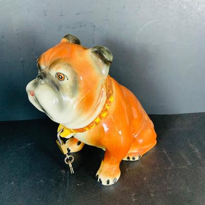 LOT 213: Vintage Bull Dog 2 Piece Porcelain Bank with Lock and Key Made in Japan, Homco and Avon Dogs and a Oil Lamp