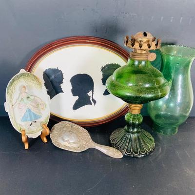 LOT 214: Victorian Inspired Collection Including Framed Silhouette, Chase Bisque Wall Plaque from Occupied Japan, Hairbrush and Green...