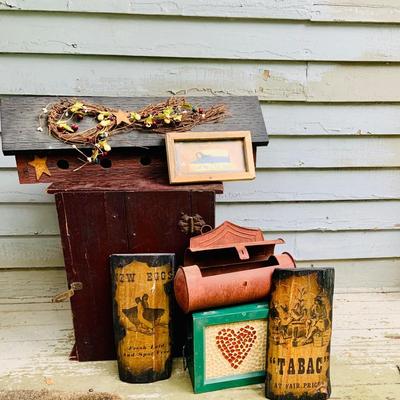 LOT 216: Primitive Inspired Collection Including Rustic Bird House, Vintage Storage Cabinet, Wall Art and More