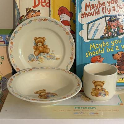 LOT 218: Hallmark Baby's Keepsake Serving Set, Vintage Books including Dr. Suess, Berstein Bears, Little Golden Books & Pink...