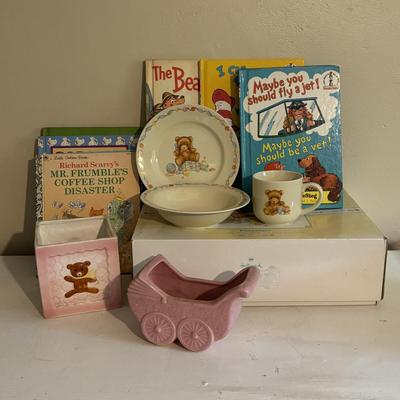 LOT 218: Hallmark Baby's Keepsake Serving Set, Vintage Books including Dr. Suess, Berstein Bears, Little Golden Books & Pink...